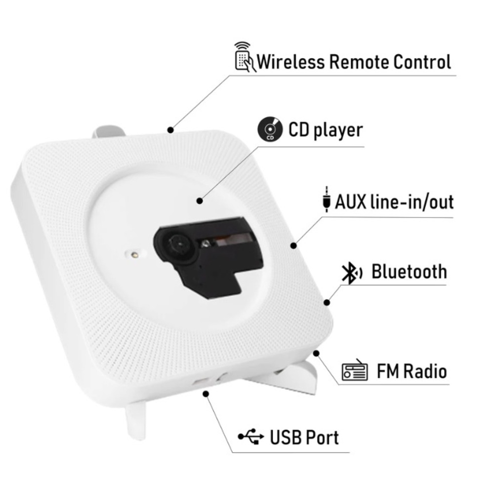 CD Player Bluetooth Speaker USB Player AUX Boombox Wall Mountable and Desk Stand